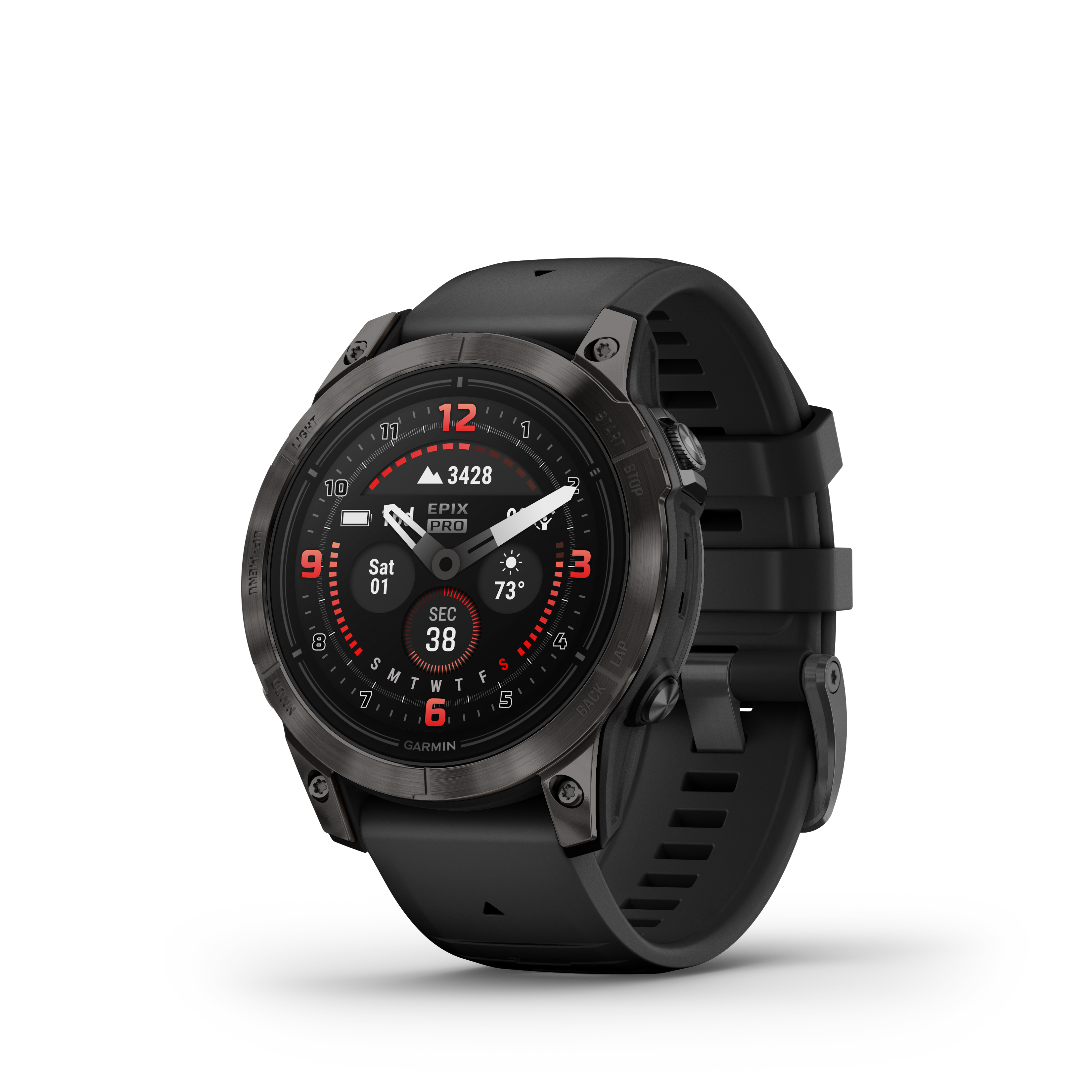 Black smartwatch with a detailed display on a white background