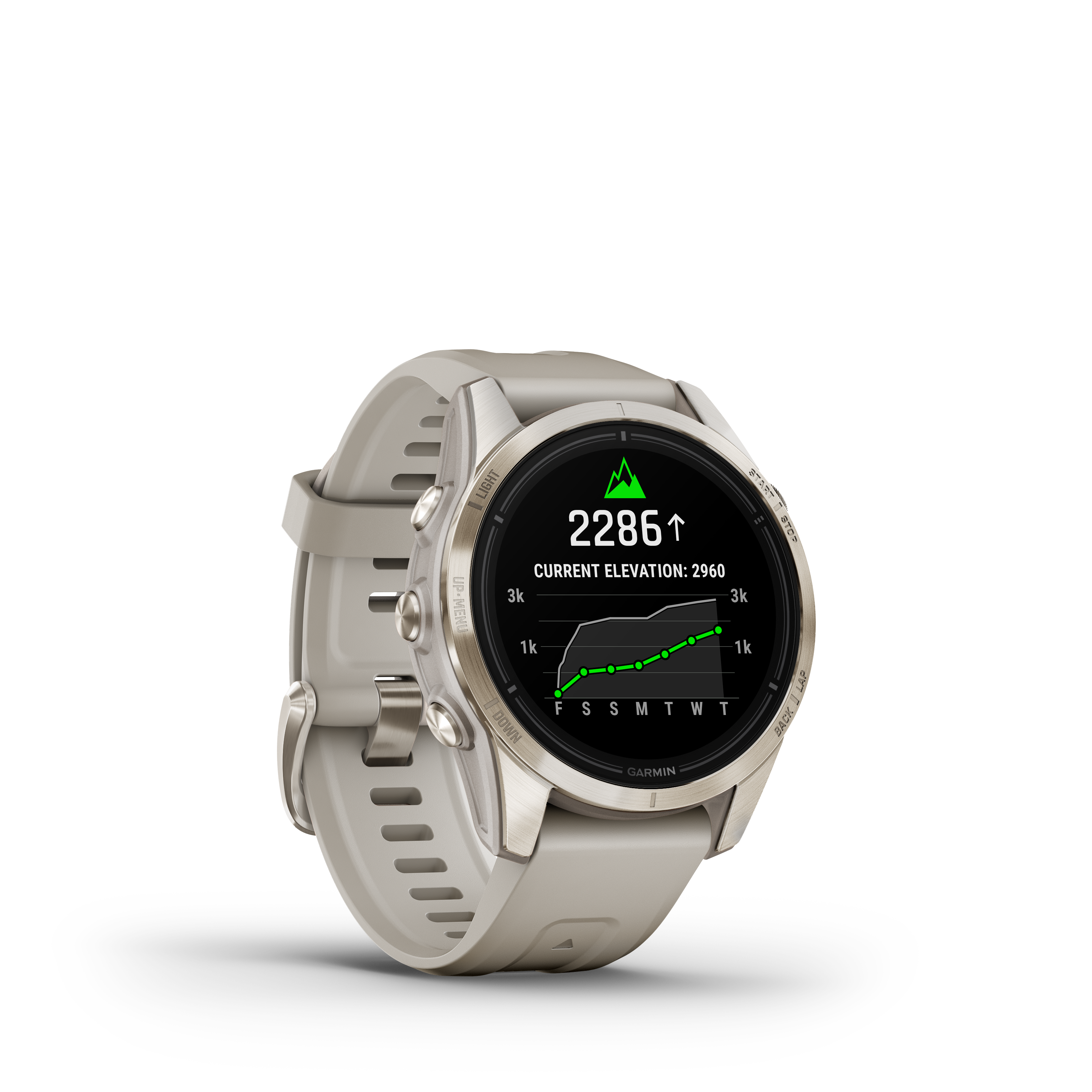 Smartwatch with a display showing current elevation on a white background