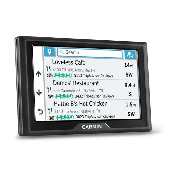 Garmin GPS device displaying a map with restaurant names and distances on a white background